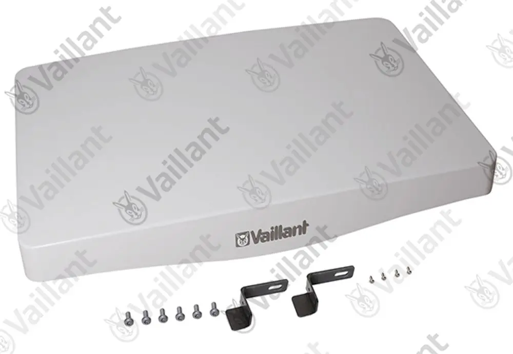 Vaillant-Abdeckung für Außeneinheit, rechteckige Form in Weiß, mit Montageschrauben und Halterungen.